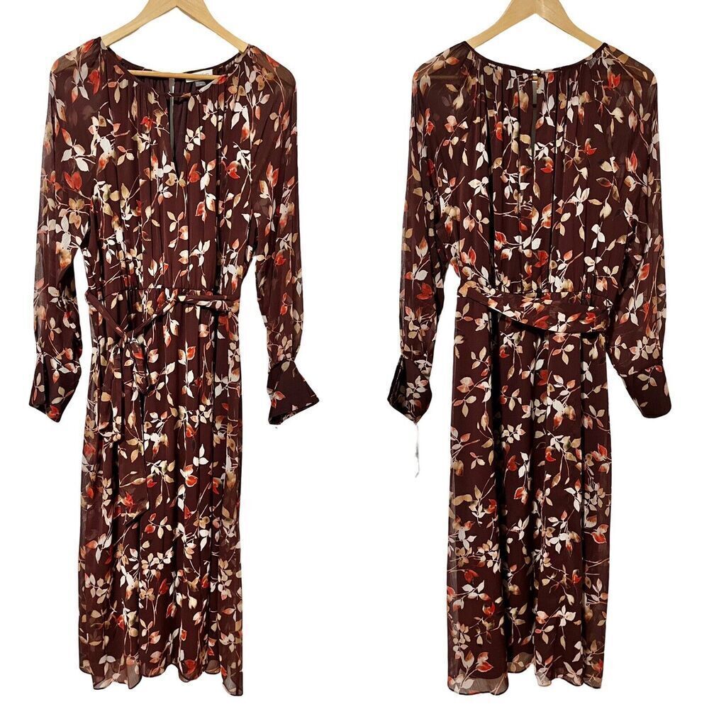 Calvin Klein Printed Round Neck Midi Chiffon Dress Size 16 Syrah Multi Belted‎